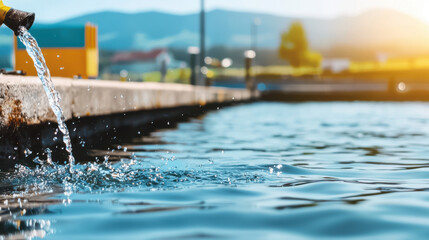Clear water flows from a garden hose into a tranquil pond on a bright summer day, creating ripples and reflections near a building and a distant landscape.