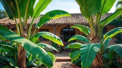 Obraz premium Close-up of two banana plants showcasing vibrant green leaves and elegant natural beauty