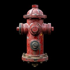 Fototapeta premium A weathered red fire hydrant stands out against a black background.
