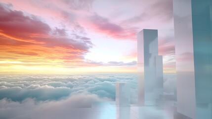 Ethereal Landscape with Glass Structures Above Colorful Clouds