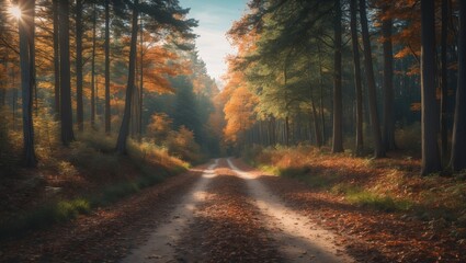 Fototapeta premium Serene autumn forest trail bathed in sunlight with shimmering sky overhead