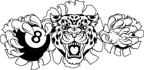 A jaguar, panther, leopard or cheetah wildcat spotted cat billiards pool sports team mascot holding a billiard black 8 ball