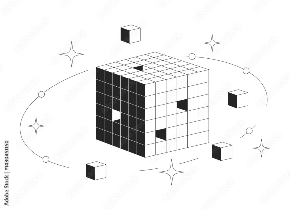 Poster digital data cube with orbiting blocks and sparkles 2d line object. high tech futuristic technology 