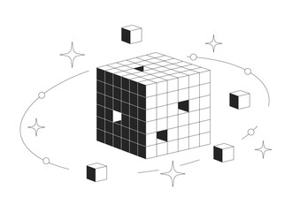 Digital data cube with orbiting blocks and sparkles 2D line object. High tech futuristic technology model. Geometric structure isolated clipart vector ink outline item. Monochrome spot illustration