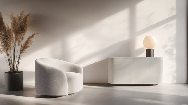 Minimalist living room showcasing a curved armchair and a sleek cabinet.
