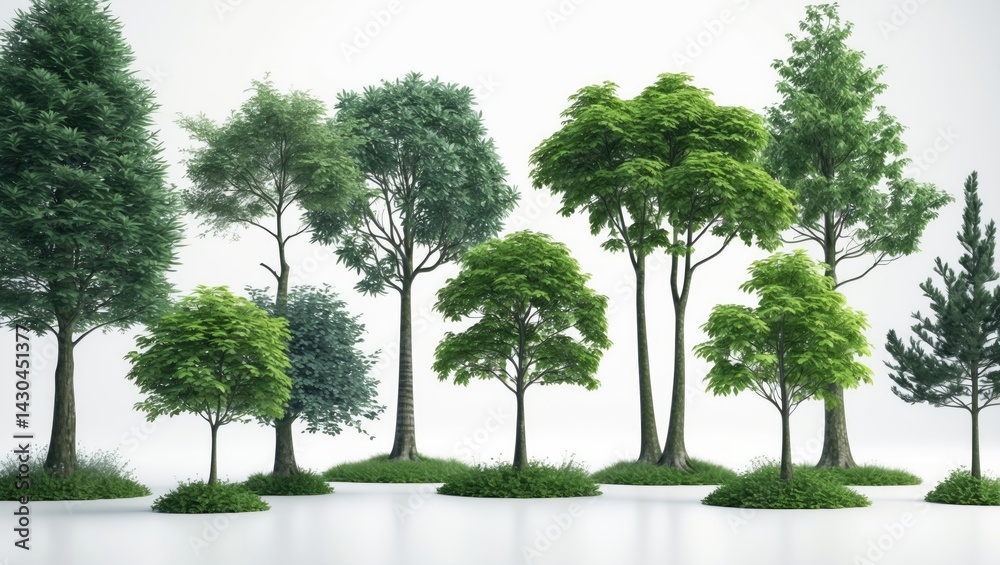 Poster collection of isolated trees against a white backdrop