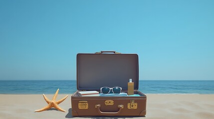Open suitcase on beach, summer items