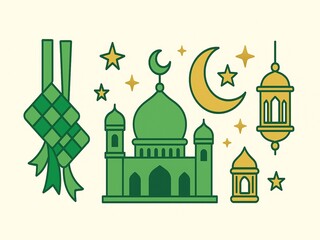Hari Raya Vector Set with Ketupat, Mosque and Lantern
