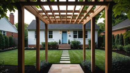 Fototapeta premium Backyard of a freshly painted brick ranch home with a spacious yard and an outdoor wooden arbor for relaxation.