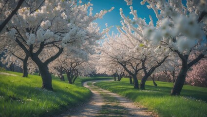 Fototapeta premium Cherry Tree in Bloom: Beautiful Countryside Landscape in Japan