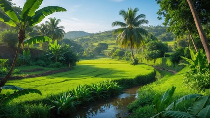 Obraz premium Serene rural scene with vibrant green fields and abundant trees under the sun