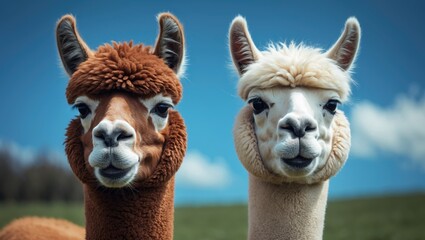 Obraz premium Adorable Alpaca heads with brown and cream fur against a blue sky, close-up shot with muzzles facing the camera, horizontal orientation, high-quality image
