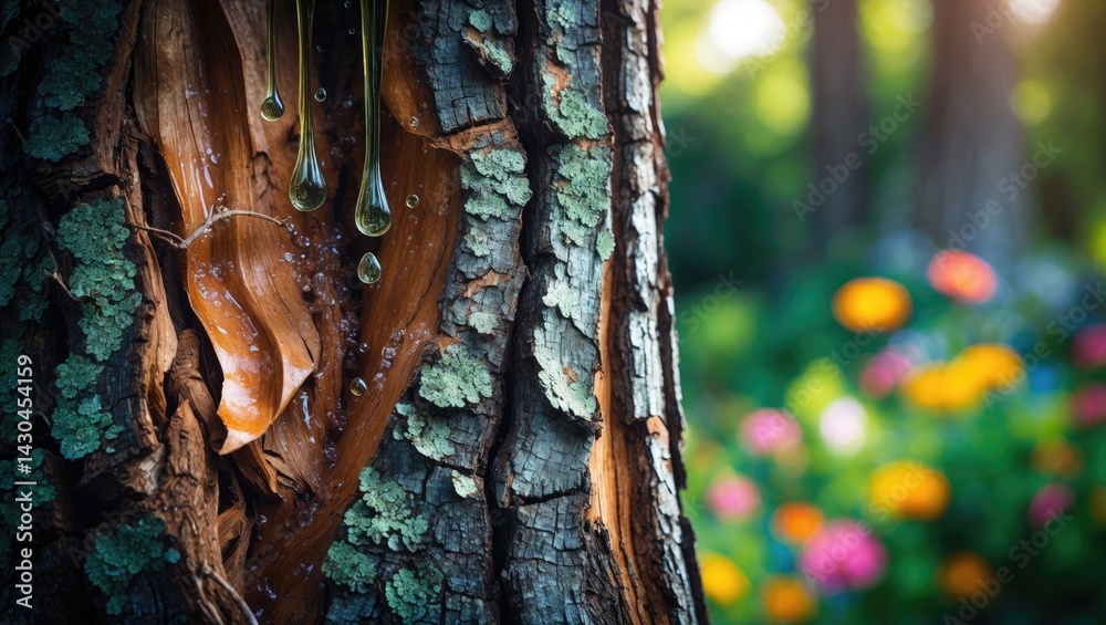Aufkleber tree trunk with exposed inner bark and flowing sap or resin in a natural environment