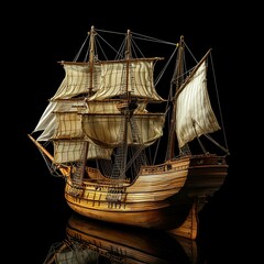 Detailed wooden ship model with sails, showcasing craftsmanship against a black background.