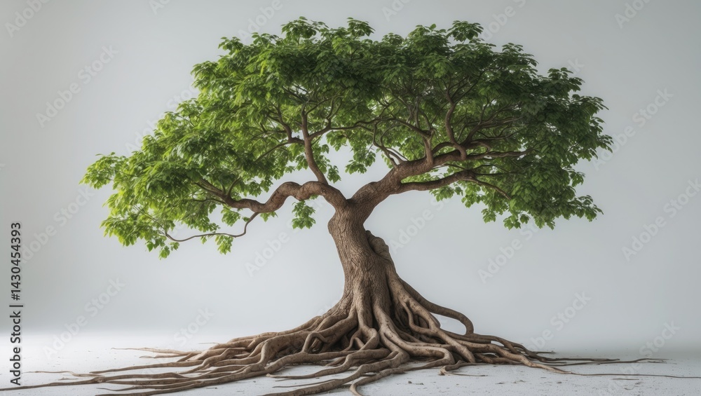 Poster large lone tree with green foliage against a white background for design use