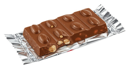 Isolated Chocolate Bar with Nuts on Foil Wrapping