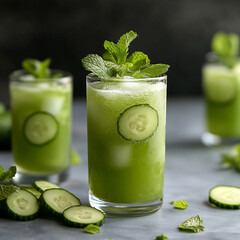 minty iced cucumber drink in highball glass, clean spa theme 