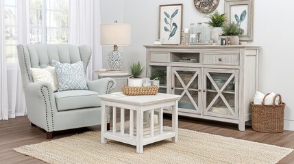 Light gray living room with coastal style furniture.