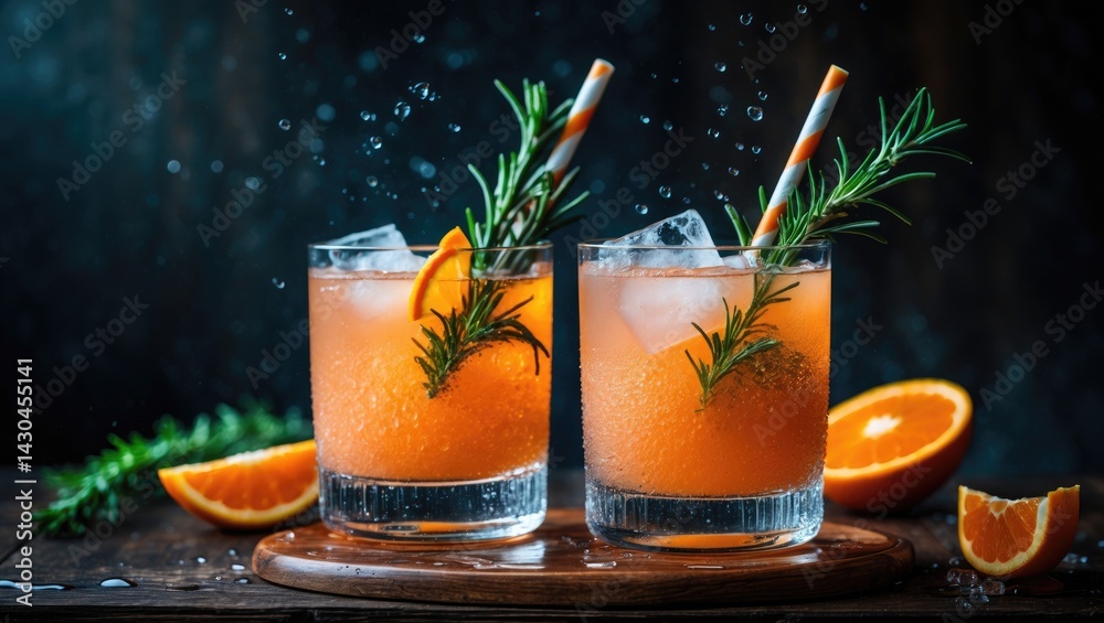 Poster two cocktail glasses with water droplets showcasing sweet and slightly bitter flavors with sparkling