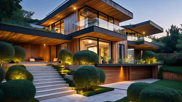 Modern luxury house exterior with landscaped yard, illuminated steps, and elegant architectural design during evening twilight.

