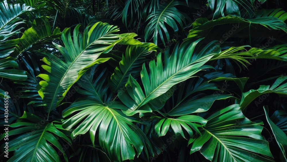 Poster exotic palm leaf pattern with lush greenery background