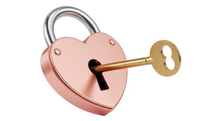 Isolated Heart Shaped Padlock with Key