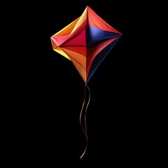 Colorful kite soaring against a black backdrop, showcasing vibrant hues and design.