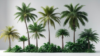 Isolated coconut and palm trees on a white background, highlighting the tall, green foliage typical of jungle environments.