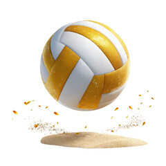 Volleyball with golden stripes bouncing on sandy beach, dynamic motion captured, sports concept, summer fun, active lifestyle, beach volleyball