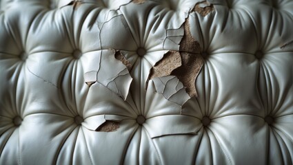 Fototapeta premium Close-up of worn white leather sofa with torn and damaged upholstery