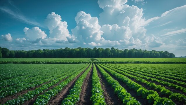 Vibrant green sugarbeet field under a blue sky with light clouds in a picturesque agricultural landscape