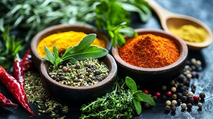 Vibrant aromatic spices herbs cooking ingredients food photography still life sage bowl dark green