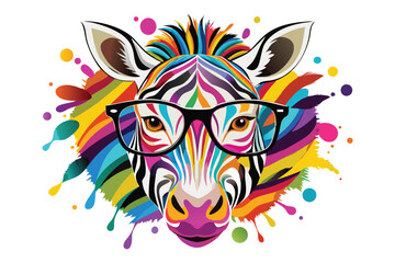 A zebra wearing sunglasses and a colorful striped face. Cartoon colorful zebra with sunglasses on white background.