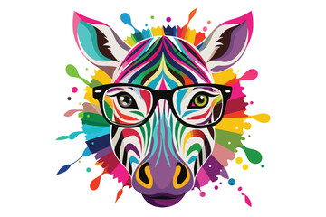 A zebra wearing sunglasses and a colorful striped face. Cartoon colorful zebra with sunglasses on white background.