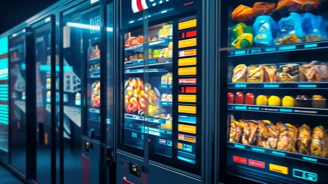 Futuristic Vending Machines: A Row of Modern Automated Retail Kiosks Displaying Snacks, Drinks, and Food Items Under Neon Blue Lighting.