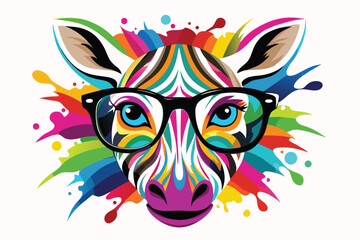 A zebra wearing sunglasses and a colorful striped face. Cartoon colorful zebra with sunglasses on white background.
