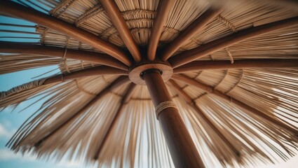 Close-up of a beach umbrella's underside highlighting its detailed texture and support structure