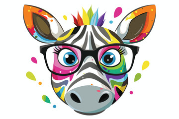 Fototapeta premium A zebra wearing sunglasses and a colorful striped face. Cartoon colorful zebra with sunglasses on white background.