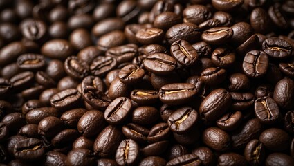 Fototapeta premium Close-up of fresh roasted coffee beans highlighting aroma and texture for food and cafe backgrounds
