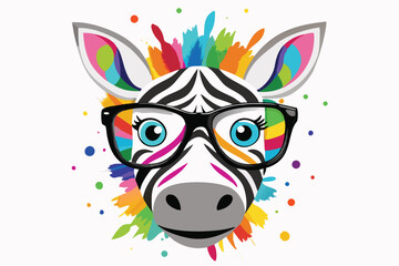 Fototapeta premium A zebra wearing sunglasses and a colorful striped face. Cartoon colorful zebra with sunglasses on white background.