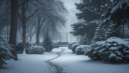 City Landscape Covered in Snow with Emphasis on Winter Weather Conditions