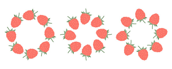Cute raspberry frames. Collection of round berry borders for design and decoration. For invitations, food packaging, summer cards and natural product branding.
