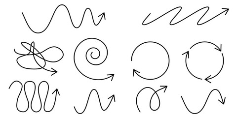 Set of zig zag, swirled wavy and spiral arrows in doodle comic style. Vector undulated loops with pointer. Isolated vector signs.