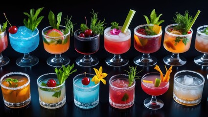 Header featuring an overhead view of assorted fruity cocktails in glasses against a black background for bar promotion