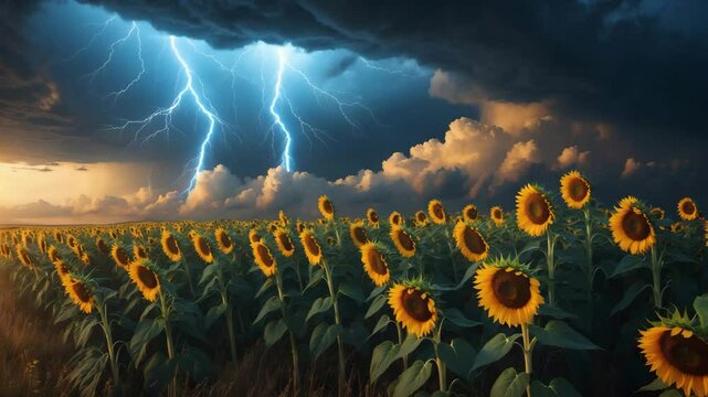 Dramatic thunderstorm with colorful lightning over a rural sunflower landscape