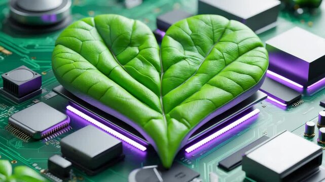 A heart-shaped leaf integrated into a computer circuit for eco-friendly technology