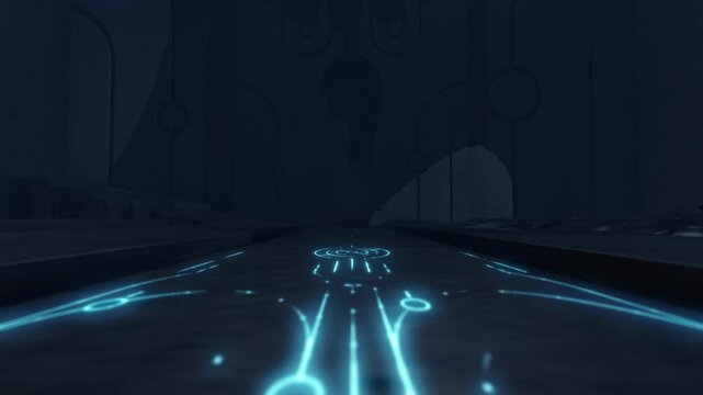 Ancient Temple Gate Opens with Glowing Blue Codes