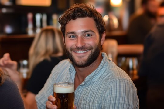 A smiling man holding a beer in a lively bar setting, showcasing a cheerful atmosphere of social interaction and enjoyment.