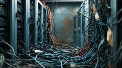 Disorganized network wiring and cable chaos behind devices in a data center - Powered by Adobe
