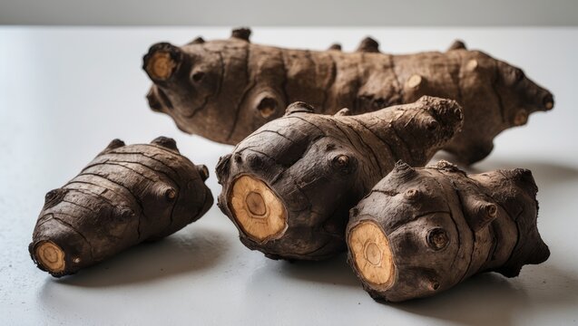 Maca plant root on white background, organic raw food, traditional Asian vegetable, healthy ingredient for cuisine